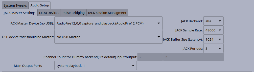 JACK Master Settings screen shot